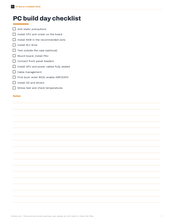 Preview of Printable PC Build Day Checklist
