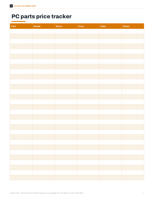 Preview of PC Parts Price Tracker Printable
